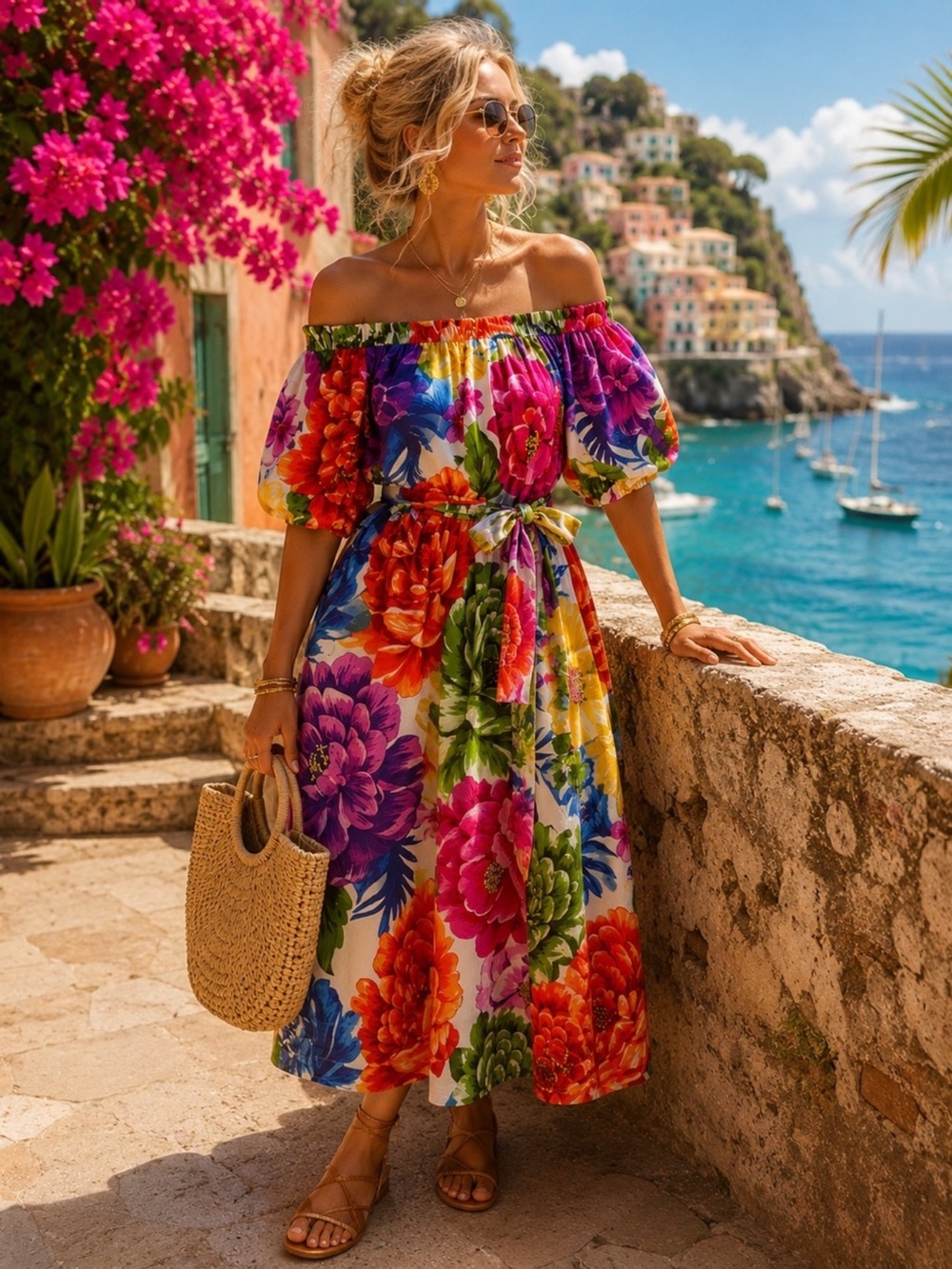 FARM Rio Colorful Floral Puff Sleeve Belted Midi Dress XS - Picture 12 of 12